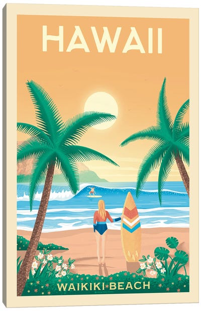 Hawaii Waikiki Beach Travel Poster Canvas Art Print - Olahoop Travel Posters