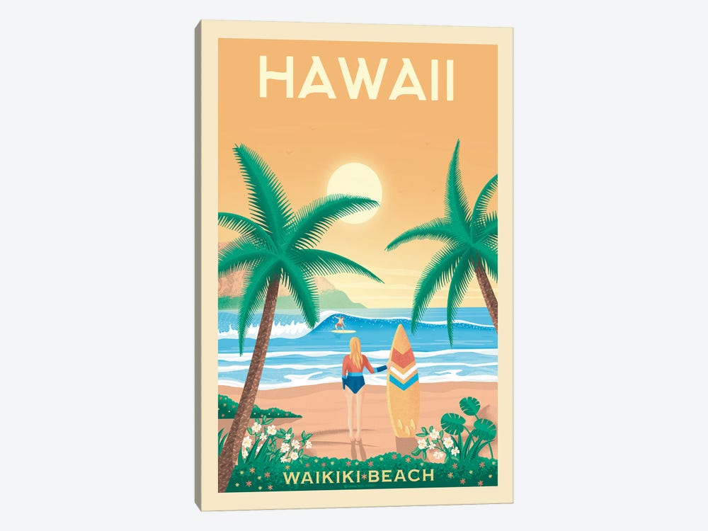 Hawaii Waikiki Beach Travel Poster by Olahoop Travel Posters 1-piece Canvas Art
