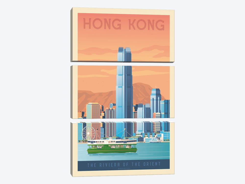 Hong Kong Travel Poster by Olahoop Travel Posters 3-piece Canvas Print