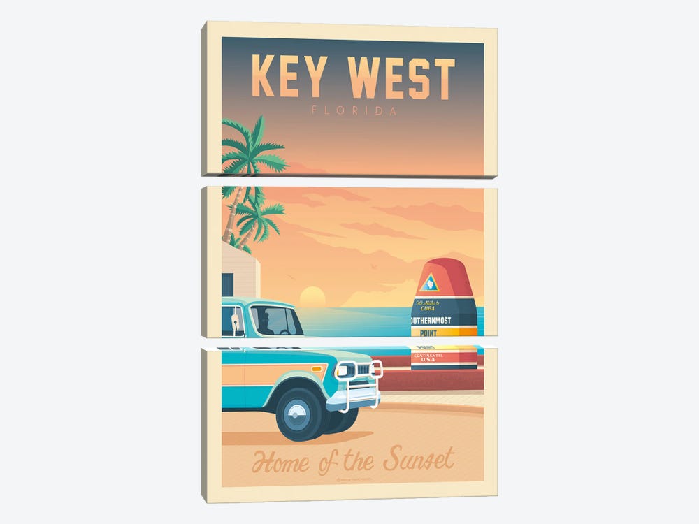 Key West Travel Poster by Olahoop Travel Posters 3-piece Canvas Wall Art