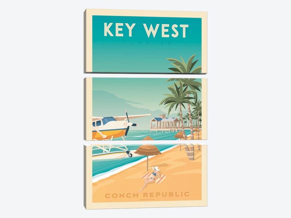 Key West Florida Travel Poster by Olahoop Travel Posters 3-piece Canvas Art Print