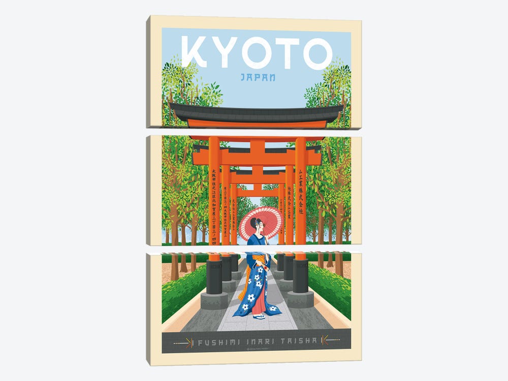 Kyoto Japan Travel Poster by Olahoop Travel Posters 3-piece Canvas Artwork