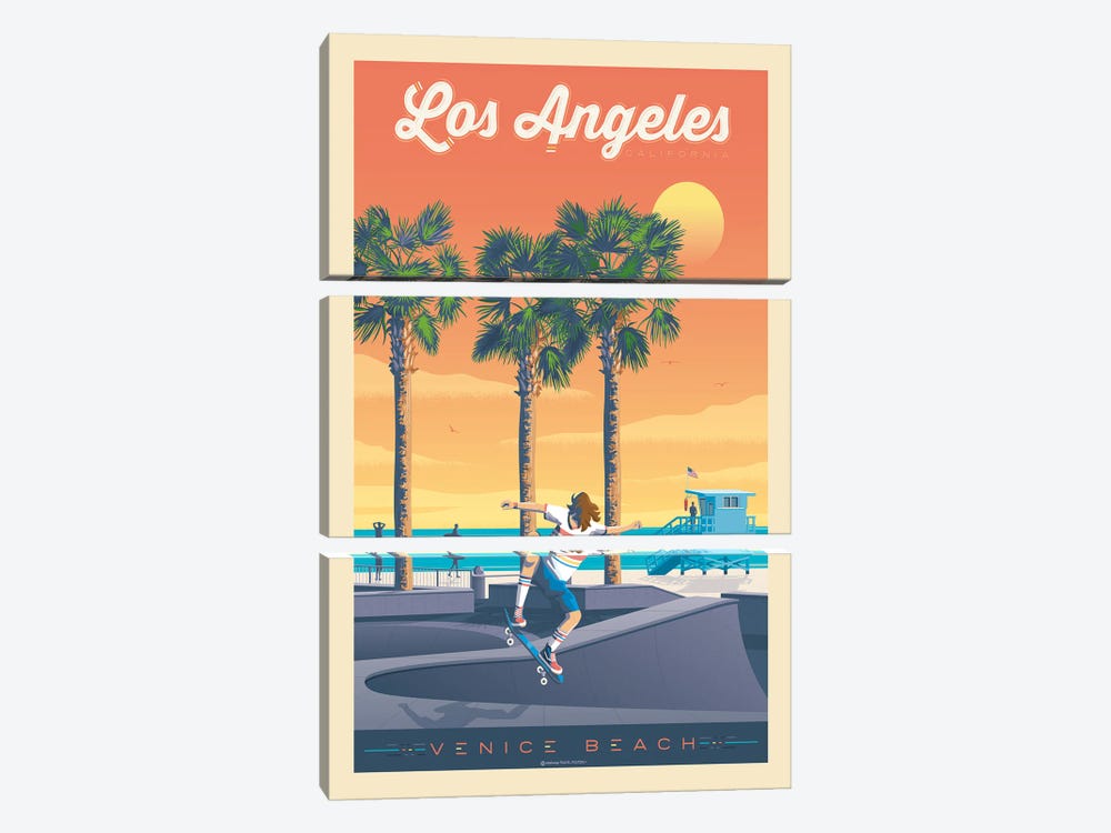 Los Angeles Venice Beach Travel Poster by Olahoop Travel Posters 3-piece Canvas Art