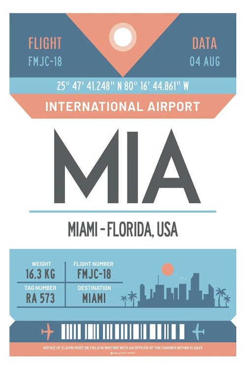 Miami Florida Airport Tag Travel Poster