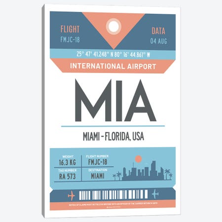 Miami Florida Airport Tag Travel Poster Canvas Print #OTP49} by Olahoop Travel Posters Canvas Art