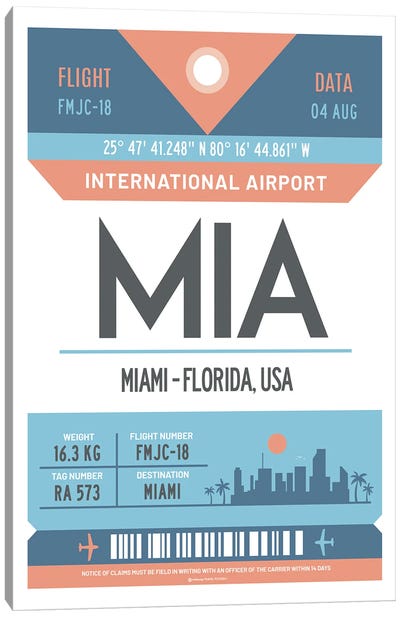 Miami Florida Airport Tag Travel Poster Canvas Art Print - Miami Travel Posters