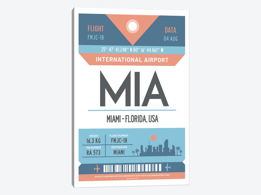 Miami Florida Airport Tag Travel Poster by Olahoop Travel Posters 1-piece Canvas Wall Art
