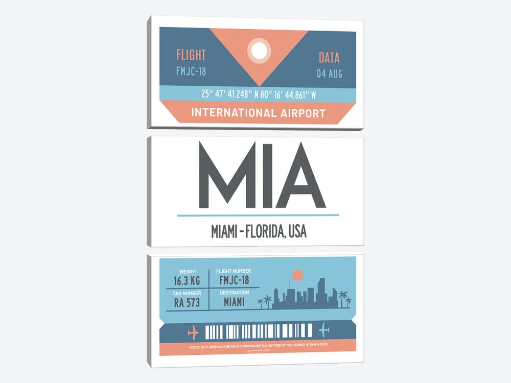 Miami Florida Airport Tag Travel Poster by Olahoop Travel Posters 3-piece Canvas Wall Art