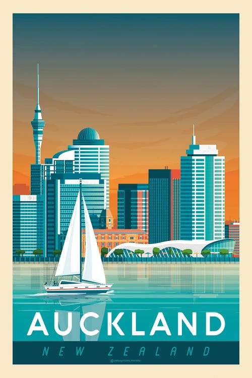 Auckland New Zealand Travel Poster by Olahoop Travel Posters wall art