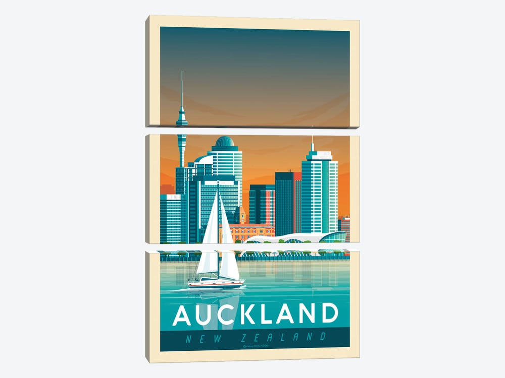 Auckland New Zealand Travel Poster by Olahoop Travel Posters 3-piece Canvas Artwork