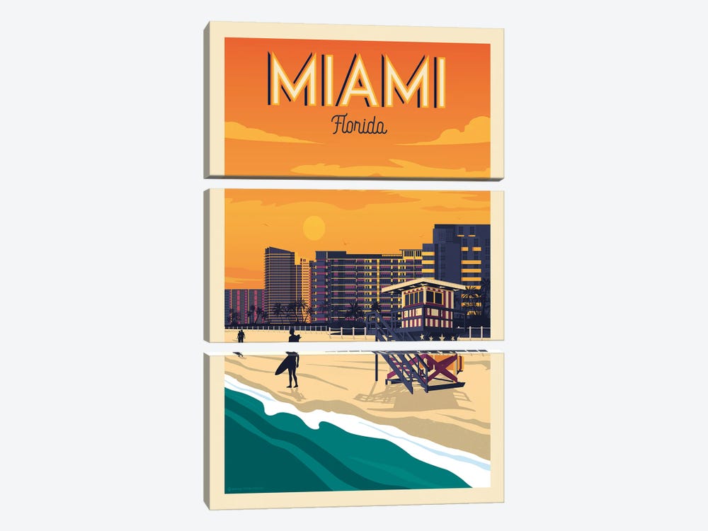 Miami Florida Travel Poster by Olahoop Travel Posters 3-piece Canvas Wall Art