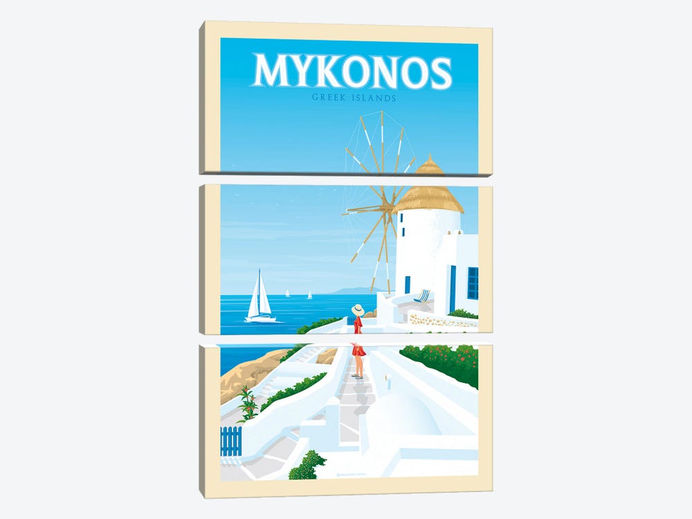 Mykonos Greece Travel Poster by Olahoop Travel Posters 3-piece Canvas Print