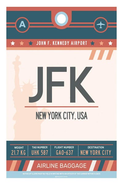New York City Travel Posters: New York Airport Tag Travel Poster by Olahoop Travel Posters
