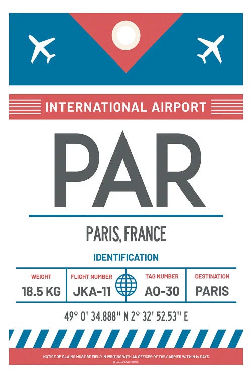 Paris France Airport Tag Travel Poster