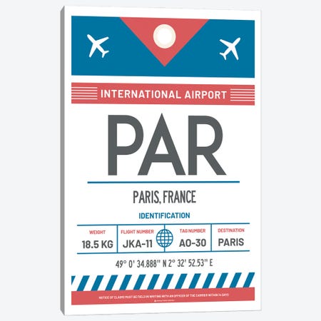 Paris France Airport Tag Travel Poster Canvas Print #OTP62} by Olahoop Travel Posters Canvas Art