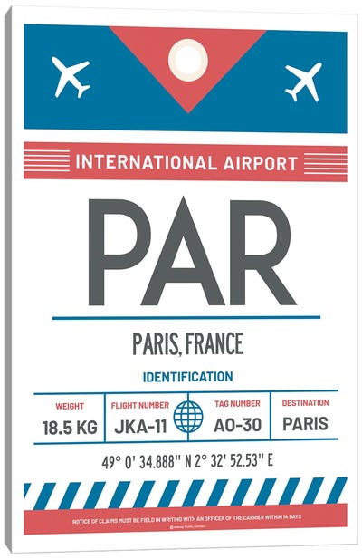 Paris France Airport Tag Travel Poster Canvas Art Print - Paris Typography