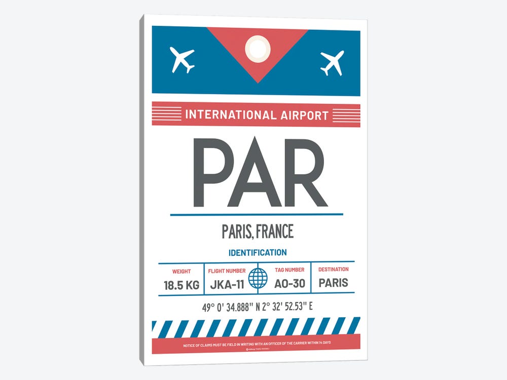 Paris France Airport Tag Travel Poster by Olahoop Travel Posters 1-piece Canvas Art Print