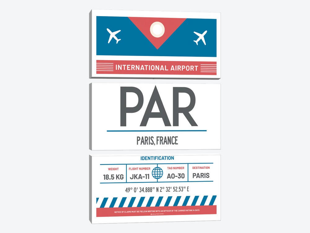 Paris France Airport Tag Travel Poster by Olahoop Travel Posters 3-piece Canvas Art Print
