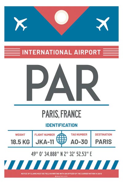 Paris France Airport Tag Travel Poster
