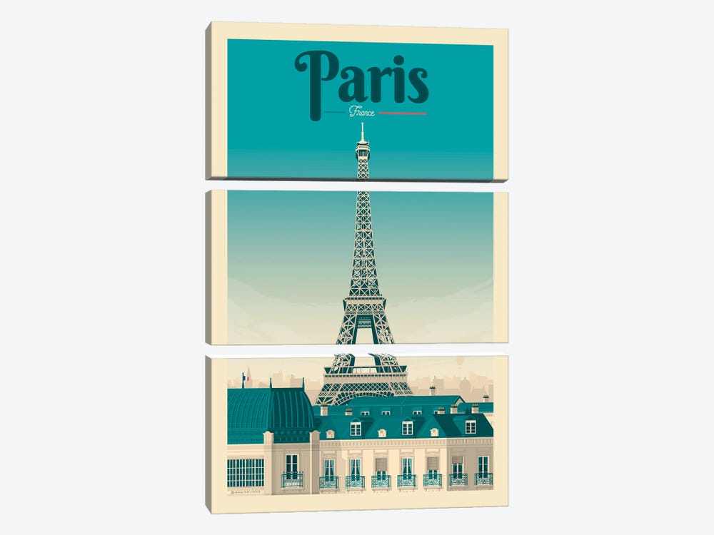 Paris Eiffel Tower France Travel Poster by Olahoop Travel Posters 3-piece Canvas Art