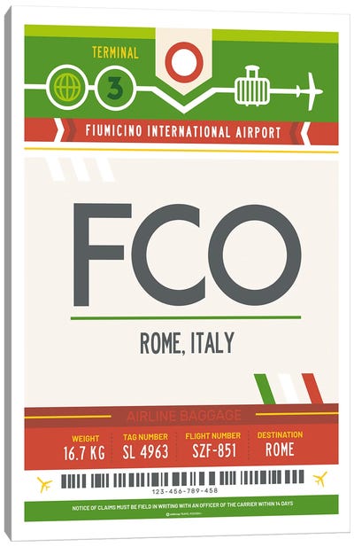 Rome Airport Tag Travel Poster Canvas Art Print - Rome Travel Posters
