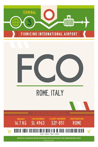 Olahoop Travel Posters: Rome Airport Tag Travel Poster by Olahoop Travel Posters