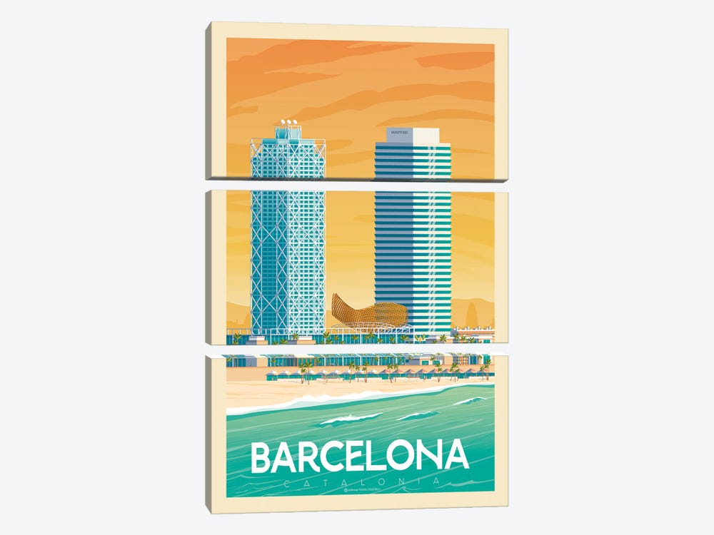 Barcelona Spain Travel Poster by Olahoop Travel Posters 3-piece Canvas Art