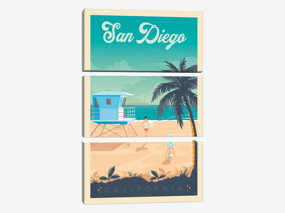 San Diego California Travel Poster by Olahoop Travel Posters 3-piece Canvas Print