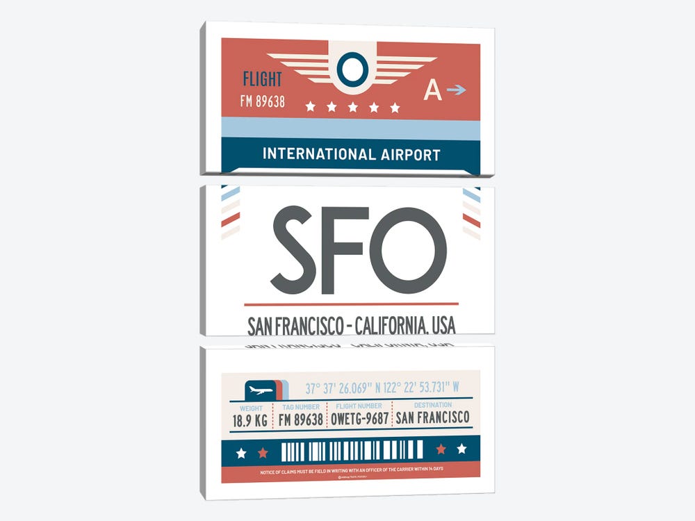 San Francisco Airport Tag Travel Poster by Olahoop Travel Posters 3-piece Canvas Artwork