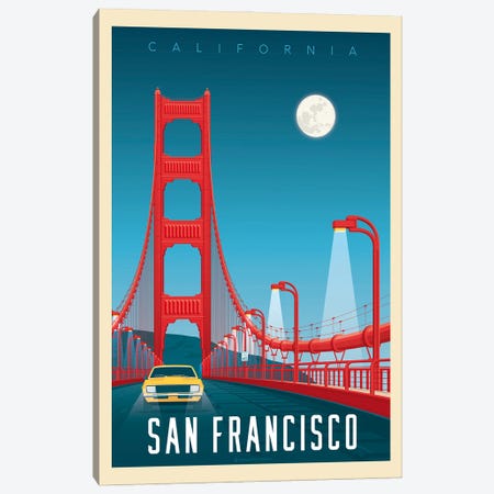 San Francisco Golden Gate Bridge Travel Poster Canvas Print #OTP75} by Olahoop Travel Posters Canvas Wall Art