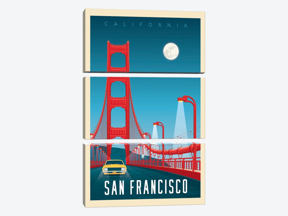 San Francisco Golden Gate Bridge Travel Poster by Olahoop Travel Posters 3-piece Canvas Print