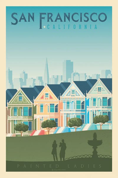 San Francisco Travel Posters: San Francisco Painted Ladies Travel Poster by Olahoop Travel Posters