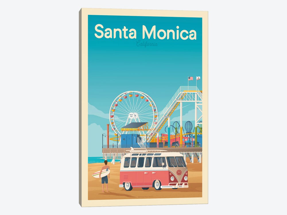 Santa Monica California Travel Poster by Olahoop Travel Posters 1-piece Canvas Wall Art