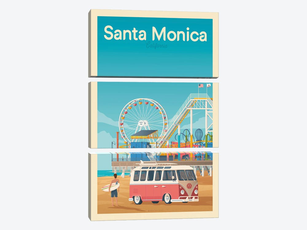 Santa Monica California Travel Poster by Olahoop Travel Posters 3-piece Canvas Wall Art