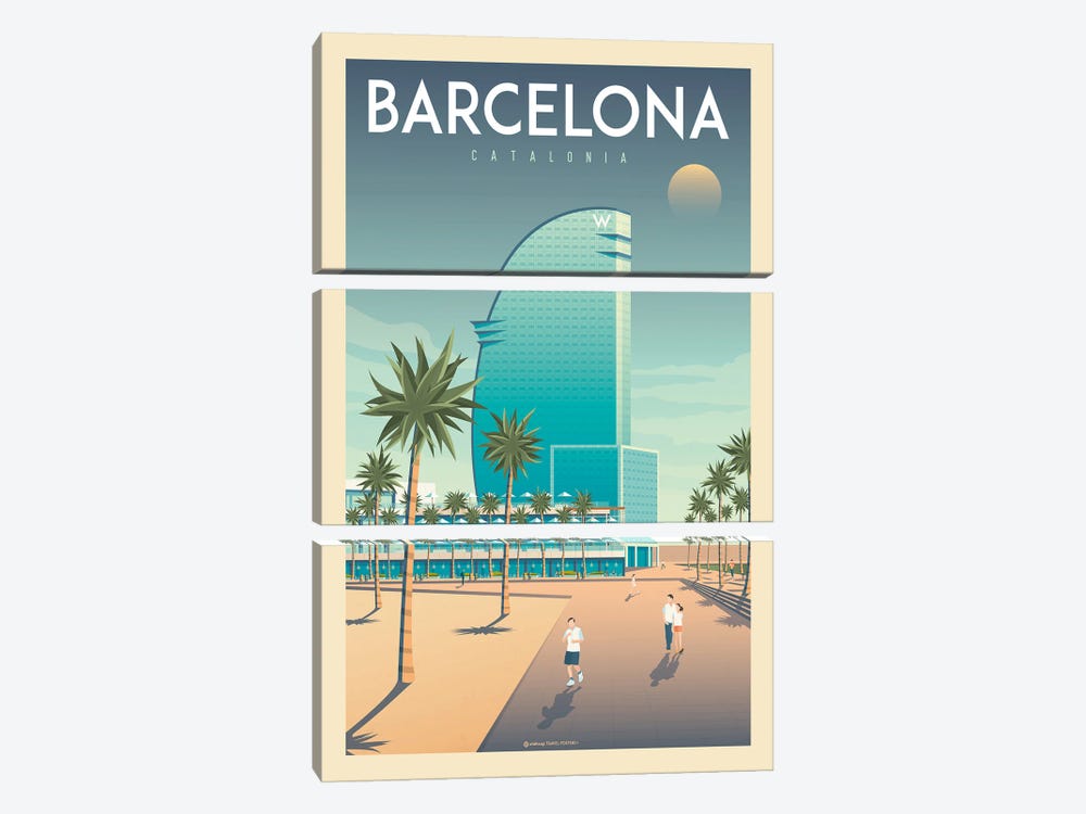 Barcelona Hotel W Spain Travel Poster by Olahoop Travel Posters 3-piece Canvas Print