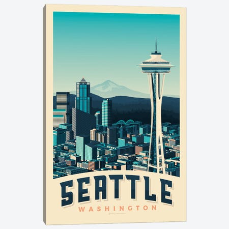 Seattle Space Needle Travel Poster Canvas Print #OTP80} by Olahoop Travel Posters Canvas Artwork