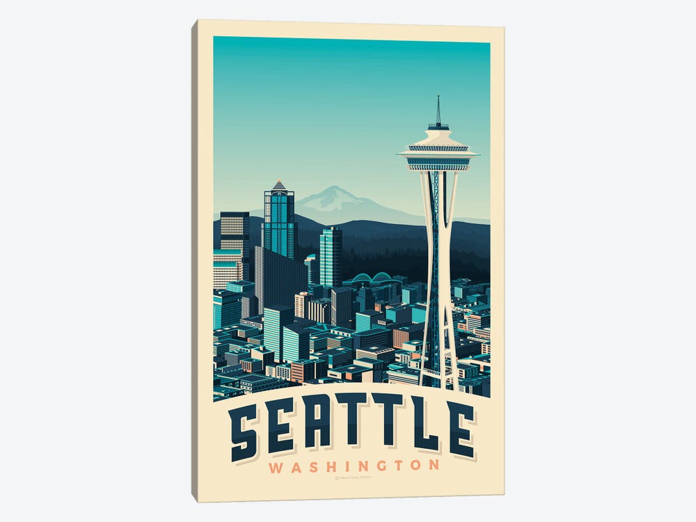 Seattle Space Needle Travel Poster by Olahoop Travel Posters 1-piece Canvas Print