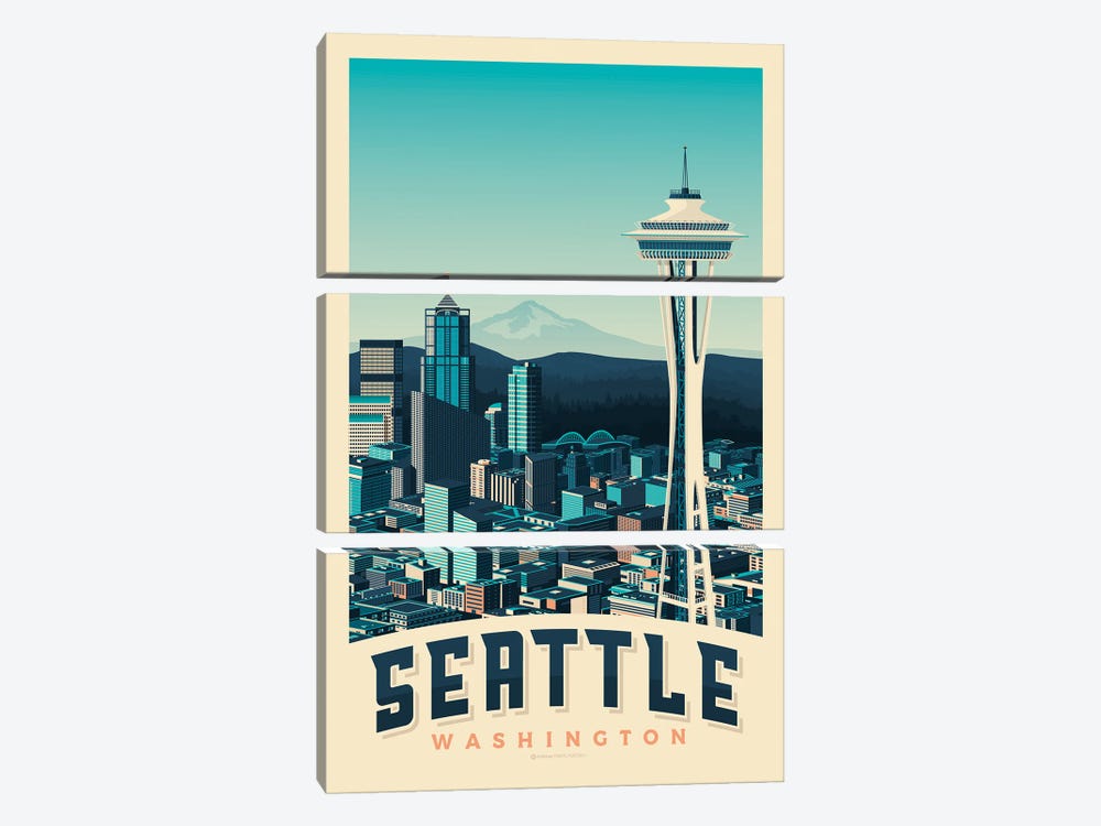Seattle Space Needle Travel Poster by Olahoop Travel Posters 3-piece Canvas Art Print