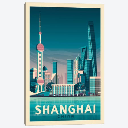 Shanghai China Travel Poster Canvas Print #OTP83} by Olahoop Travel Posters Canvas Artwork