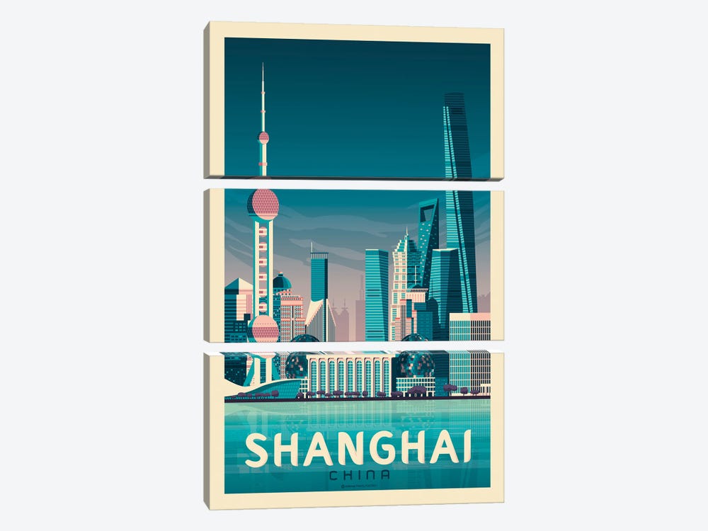 Shanghai China Travel Poster by Olahoop Travel Posters 3-piece Canvas Art