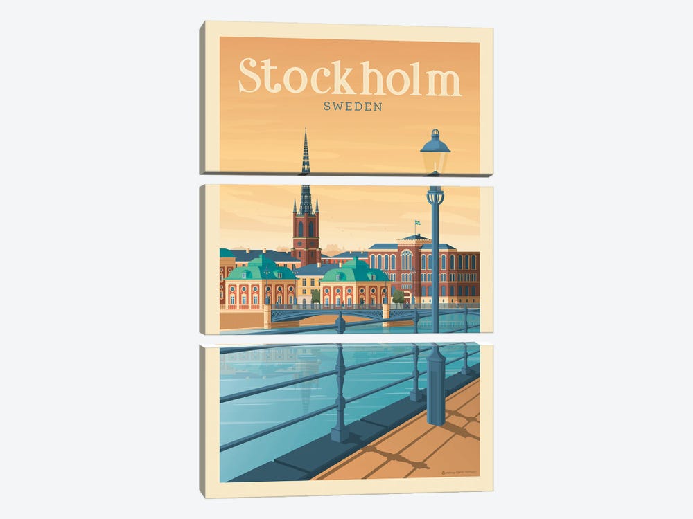 Stockholm Sweden Travel Poster by Olahoop Travel Posters 3-piece Canvas Wall Art