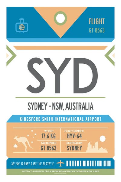 Airports: Sydney Airport Tag Travel Poster by Olahoop Travel Posters