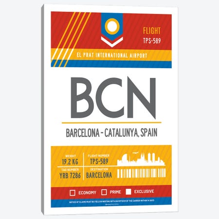 Barcelona Airport Tag Travel Poster Canvas Print #OTP8} by Olahoop Travel Posters Canvas Wall Art