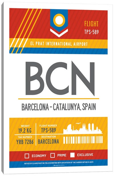 Barcelona Airport Tag Travel Poster Canvas Art Print - Catalonia Art
