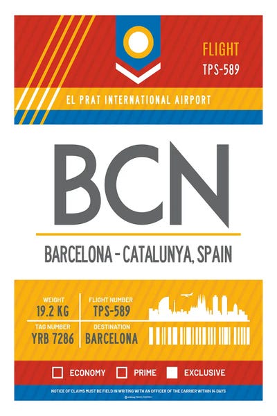 Catalonia: Barcelona Airport Tag Travel Poster by Olahoop Travel Posters
