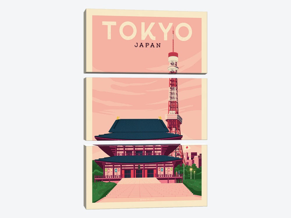 Tokyo Japan Travel Poster by Olahoop Travel Posters 3-piece Canvas Art Print