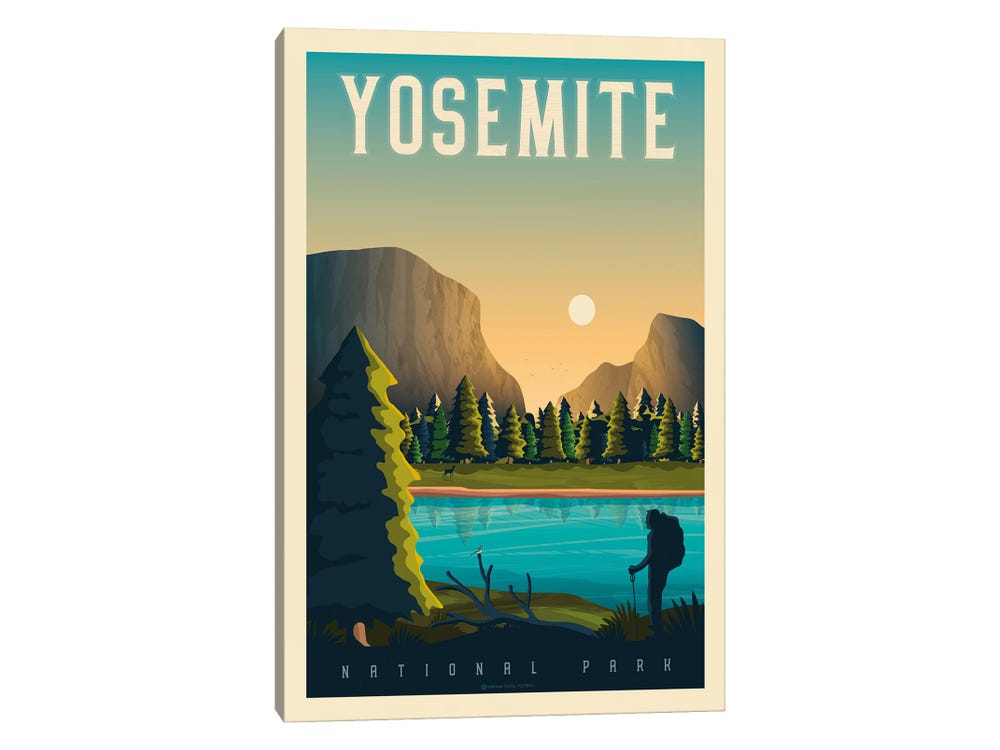 Framed Canvas Art (Gold Floating Frame) - Yosemite National Park Travel Poster by Olahoop Travel Posters ( Prints & publications > Posters > Travel