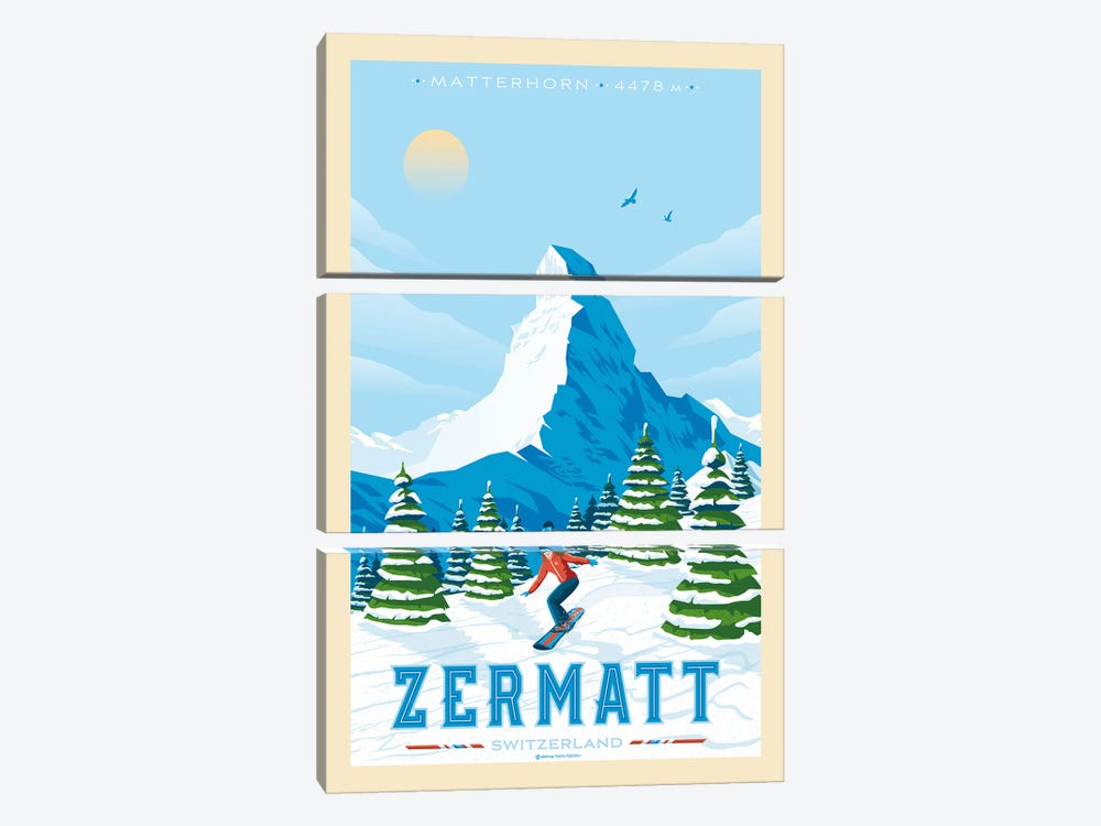 Zermatt Switzerland Travel Poster by Olahoop Travel Posters 3-piece Canvas Art Print
