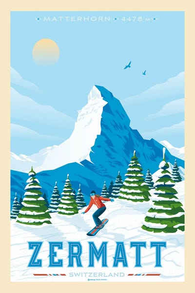 Snowy Mountains: Zermatt Switzerland Travel Poster by Olahoop Travel Posters
