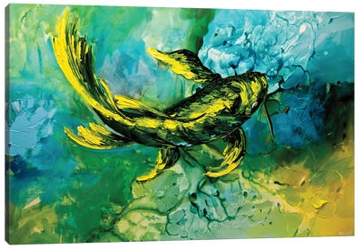 Yellow Koi Fish Canvas Art Print - Blue & Green Art